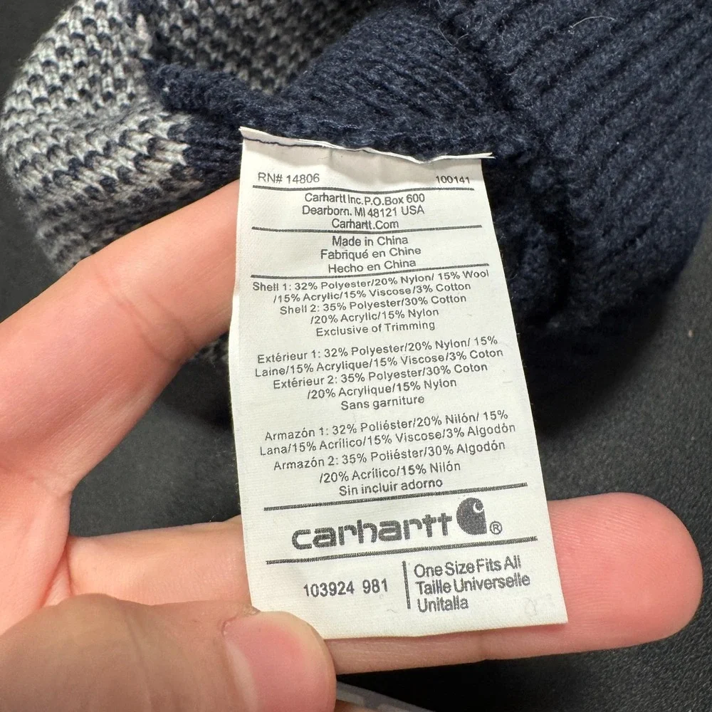 Carhartt Beanie Hat Cap Logo Patch Blue Geometric Patter Ribbed Outdoor Workwear